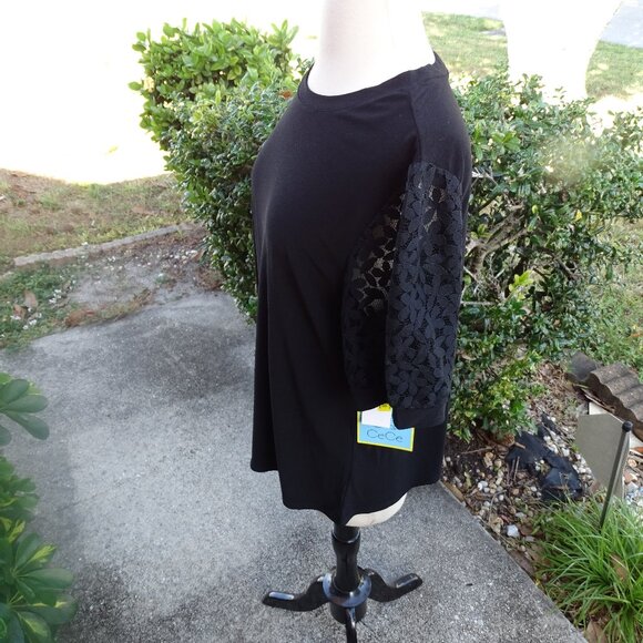 CeCe Black Knit Top with Lace Short Sleeves 1X NWT - Picture 3 of 11